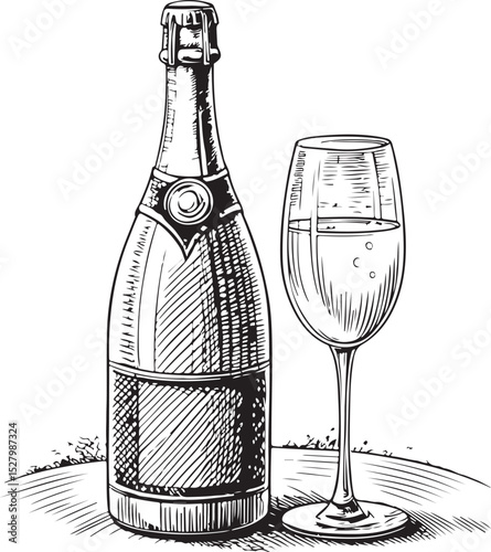 Bottle with Champagne and wine glass Vector Illustration, Sketch Drawing Line Linear Symbol Icon Engraving Coloring Book, Hand-drawn Black and White Isolated