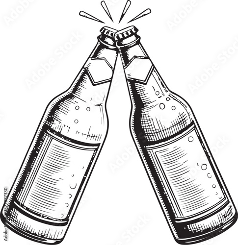 Two Beer Bottles Clinking Toasting Toast Vector Illustration, Sketch Drawing Line Linear Symbol Icon Engraving Coloring Book, Hand-drawn Black and White Isolated