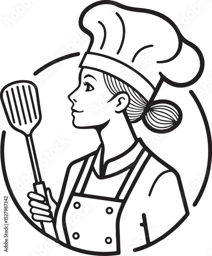 Chef Woman, Female Cook, Vector Illustration, Sketch Drawing Line Linear Symbol Icon Engraving Coloring Book, Hand-drawn Black and White Isolated