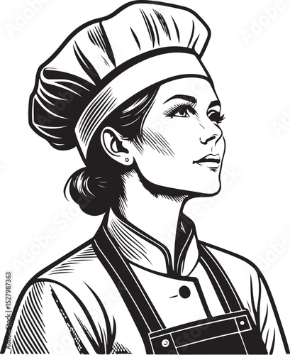 Chef Woman, Female Cook, Vector Illustration, Sketch Drawing Line Linear Symbol Icon Engraving Coloring Book, Hand-drawn Black and White Isolated