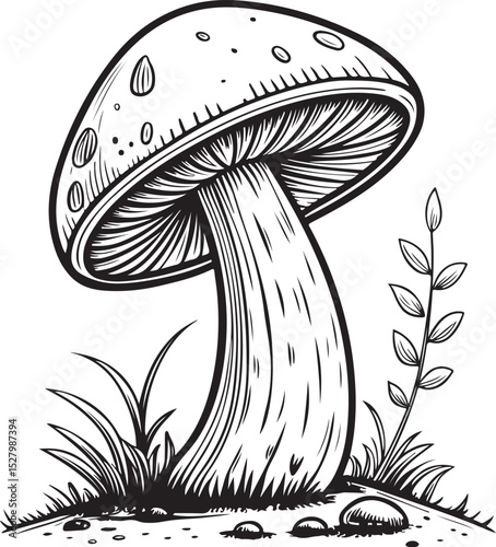 Forest mushroom Vector Illustration, Sketch Drawing Line Linear Symbol Icon Engraving Coloring Book, Hand-drawn Black and White Isolated