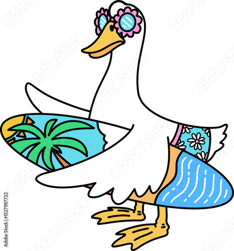 Hand drawn Retro Groovy Goose with Surfboard
