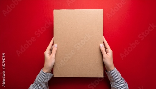 a blank sheet of cardboard in your hands on a red background