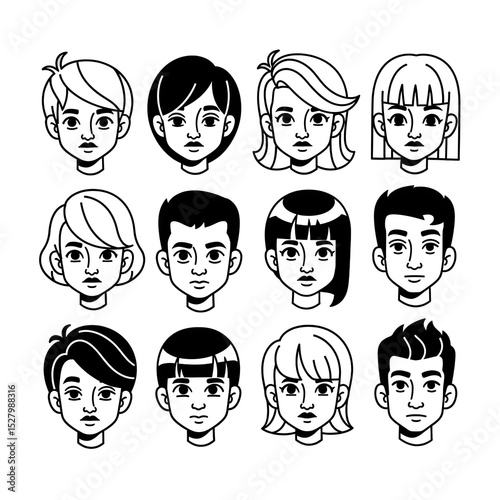 Diverse Cartoon Character Heads: A Vector Illustration Featuring a Collection of Stylized Portraits in Black and White, Depicting a Range of Hairstyles and Facial Features.
