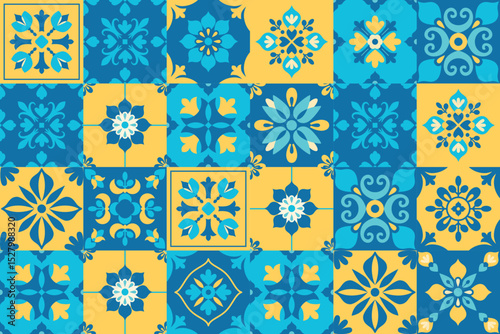 Mediterranean traditional pattern. Wall and floor interior design. Abstract geometric shapes, figures. Italian, Portuguese, Spanish blue and yellow tiles background. Mosaic. Vector.