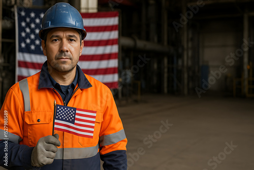 American worker industry job construction patriotic flag man