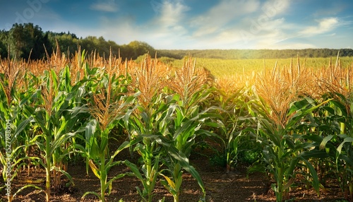 maize stalks with tassel in cultivated agricultural field growing organic corn crops