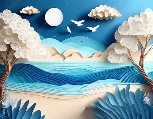 illustration of blue sea and sky summer sea scenery paper cut and craft style illustration
