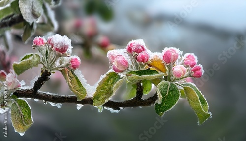 frozen apple tree in bloom frost in the growing season flowers damaged in april