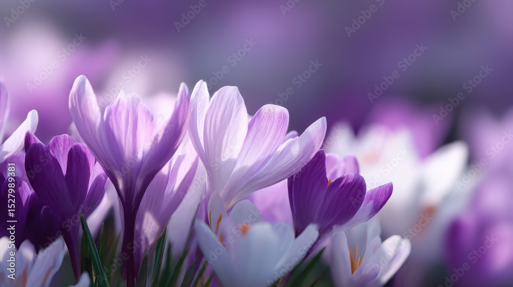 Fototapeta premium A beautiful close-up of delicate purple and white crocus flowers. The gentle colors create a calming atmosphere. Great for nature lovers and spring themes. A lovely floral arrangement. AI
