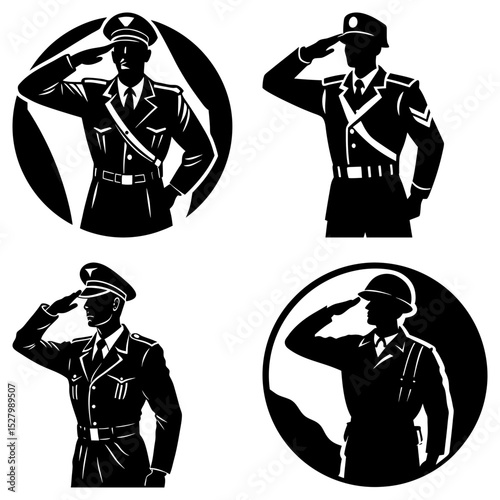 Silhouettes of soldiers in uniform saluting with hats and helmets in black and white vector illustration