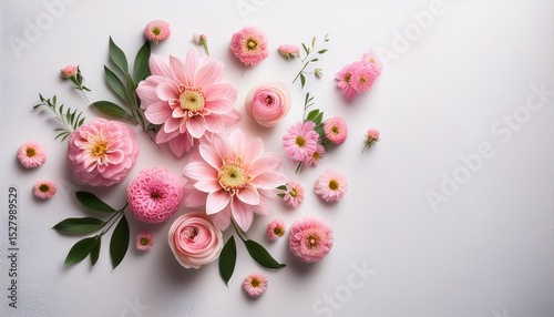 flowers composition pink flowers on white background flat lay top view