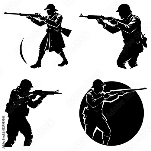 Silhouetted soldiers in various poses aiming rifles with helmets and military attire in black and white tones