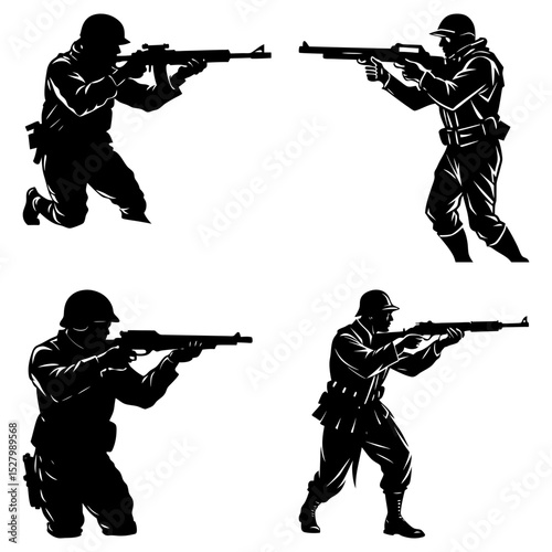 Silhouetted soldiers in various stances aiming rifles in a monochrome illustration style design art