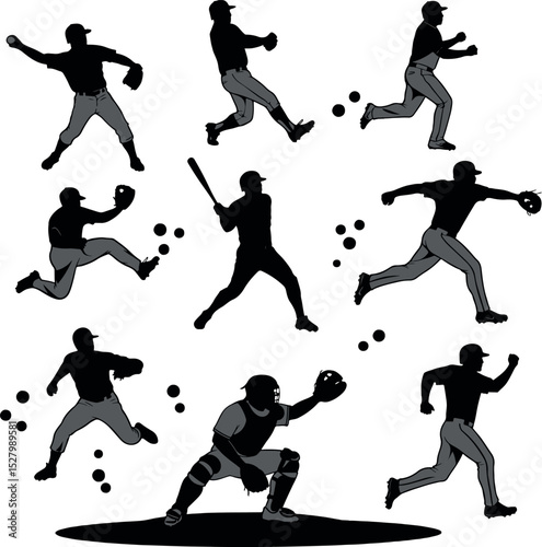 Baseball Players Silhouette Set: Pitching, Batting, Catching, Fielding