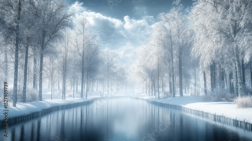 Winter wonderland canal scene with frosted trees.