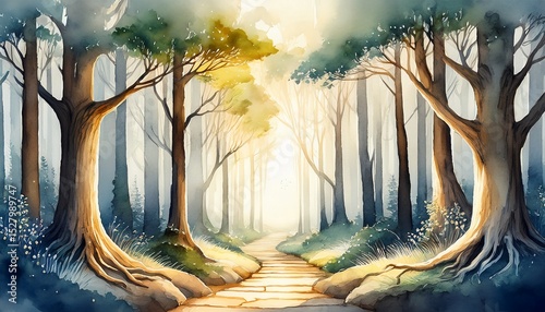 minimalist watercolor illustration of enchanted forest pathway with mysterious light and ancient trees