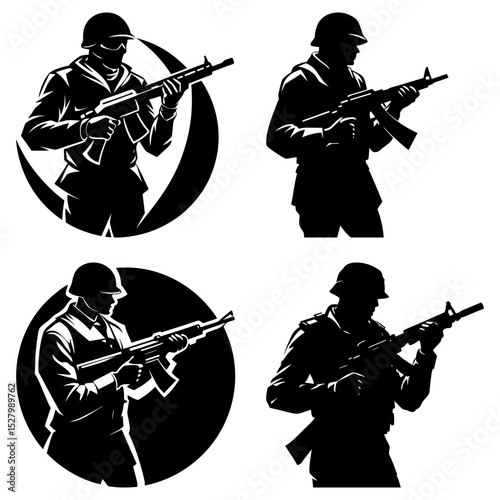 Four black and white illustrations of armed soldiers in various poses holding rifles in hand design