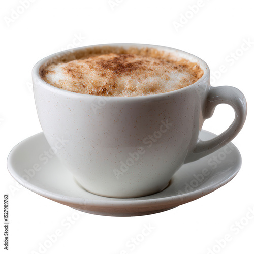 A steaming cup of cappuccino served in a classic white ceramic cup, topped with frothy milk and a sprinkle of cocoa powder, perfect for coffee lovers.