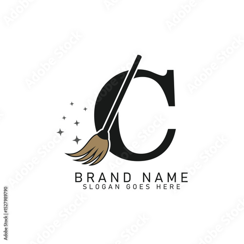 Letter C House Cleaning Broom Logo. Alphabet C Cleaning Brush Icon
