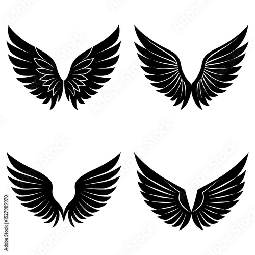 Four pairs of black wings displayed in a symmetrical arrangement on a white background illustration