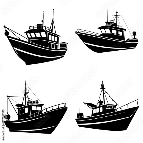 Four fishing boats in silhouette with varying designs against a white background in a vector graphic