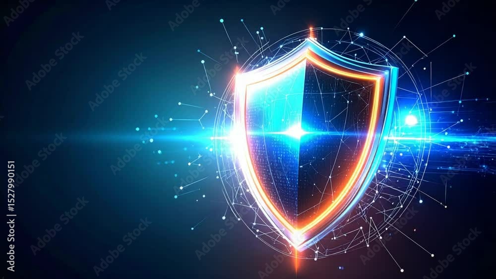 Digital Fortress: A luminous shield, symbolizing robust protection, pulsates within a network of interconnected data points, representing the crucial concept of cybersecurity and data defense. 