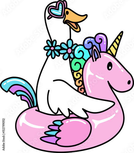 Hand drawn Retro Groovy Cartoon Goose on Unicorn Pool Float Illustration