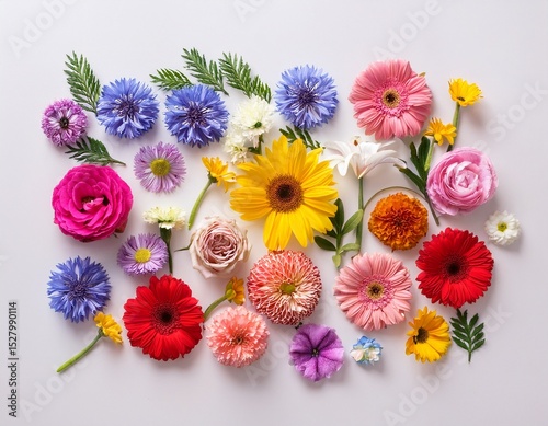 flowers composition pattern made of various colorful flowers on white background flat lay top view