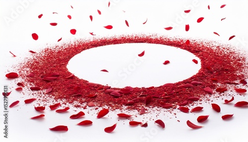 red petals fly in a circle on an isolated white background