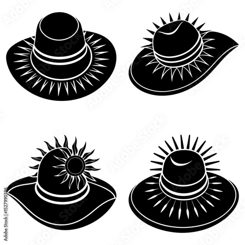 Illustration showing a collection of four different sun hats in black and white silhouette style design