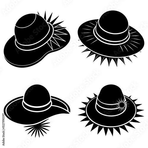 Collection of four black and white silhouette hats with varying brim styles and sun decorations