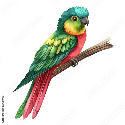 Quetzal, watercolor vector, high quality, isolated on a white background.