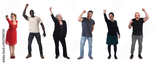 front view of a group of happy people raising a fist on white background