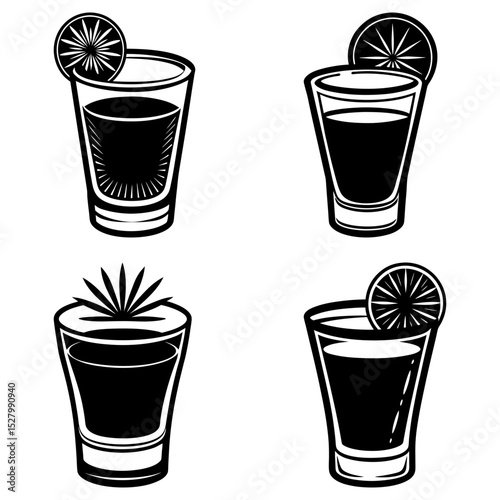 Illustration of four shot glasses filled with liquid garnished with citrus and plant decoration