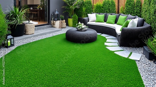 Modern and luxurious backyard design with vibrant green artificial turf and stylish furniture