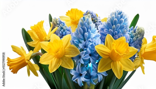 bright bouquet of yellow daffodils and blue hyacinths isolated on white background spring flowers for greeting cards decor design