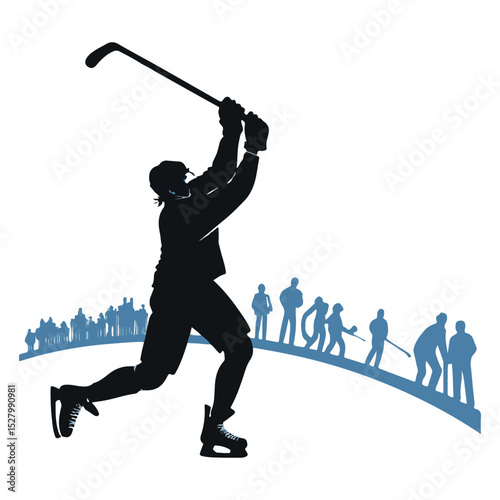 A hockey player's silhouette isolated on a white graphic design
