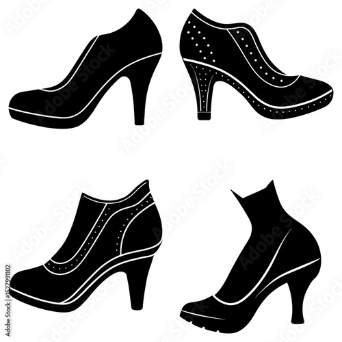 Four black silhouette high heel shoes with different styles and designs are shown on a white background