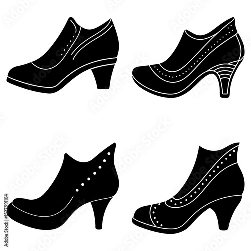 Four black silhouette images of women's heeled ankle boots with decorative accents on a white background