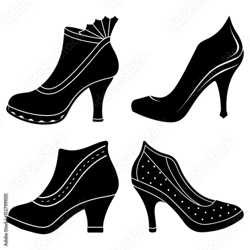 Illustration of four different styles of women's high heel shoes in black and white silhouette style