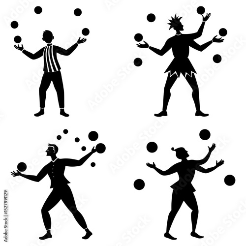 Four silhouettes of jugglers performing with multiple balls in a black and white graphic design art piece