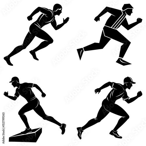 Four silhouettes of men in various running poses against a white background in a vector image