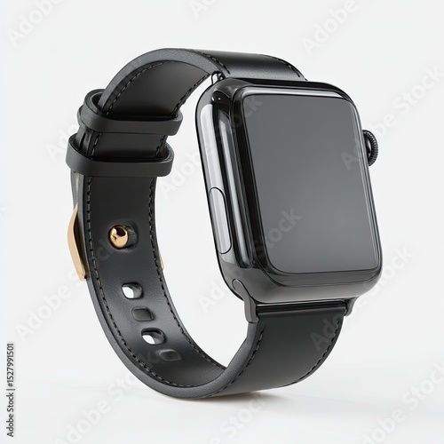 Sleek black smartwatch with leather band.  Display is  a smooth, dark surface.  Watch has a modern, minimalist design.  Gold accents complement the band