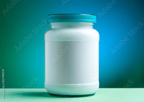 Mockup, modelo, frasco de plástico branco para guardar alimentos,. Ambiente clean com tons frios de verde e azul claros. Estilo fotografia de produto com  iluminação de estúdio photo