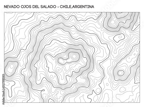 Topographic contour map of Nevado Ojos del Salado volcano on the Chile Argentina border with crater and elevation detail. Contour lines vector terrain background.