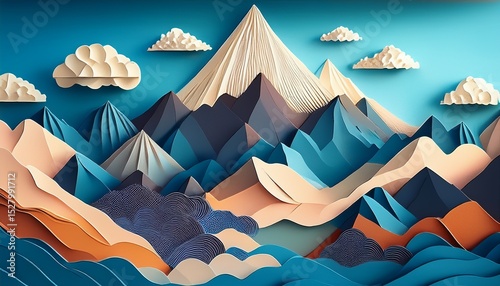 illustration of mountain scenery with cloud in aerial view mountain and cloudy scenery on paper art style paper cut and craft style illustration