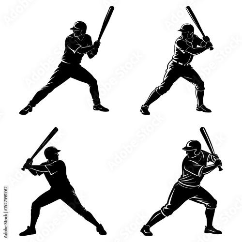 Four baseball player silhouettes in batting stance ready to swing a bat on a white isolated background