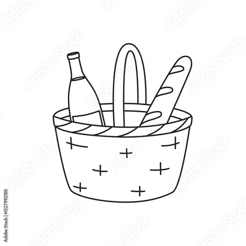 Hand drawn outline wicker picnic basket with wine bottle and french bread. Editable stroke.