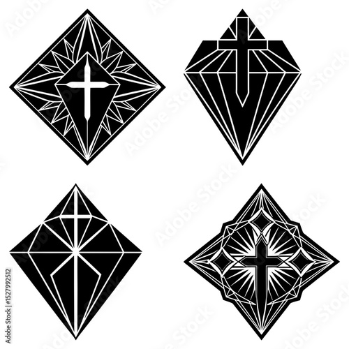 Collection of four diamond shaped designs featuring crosses in black and white style art work